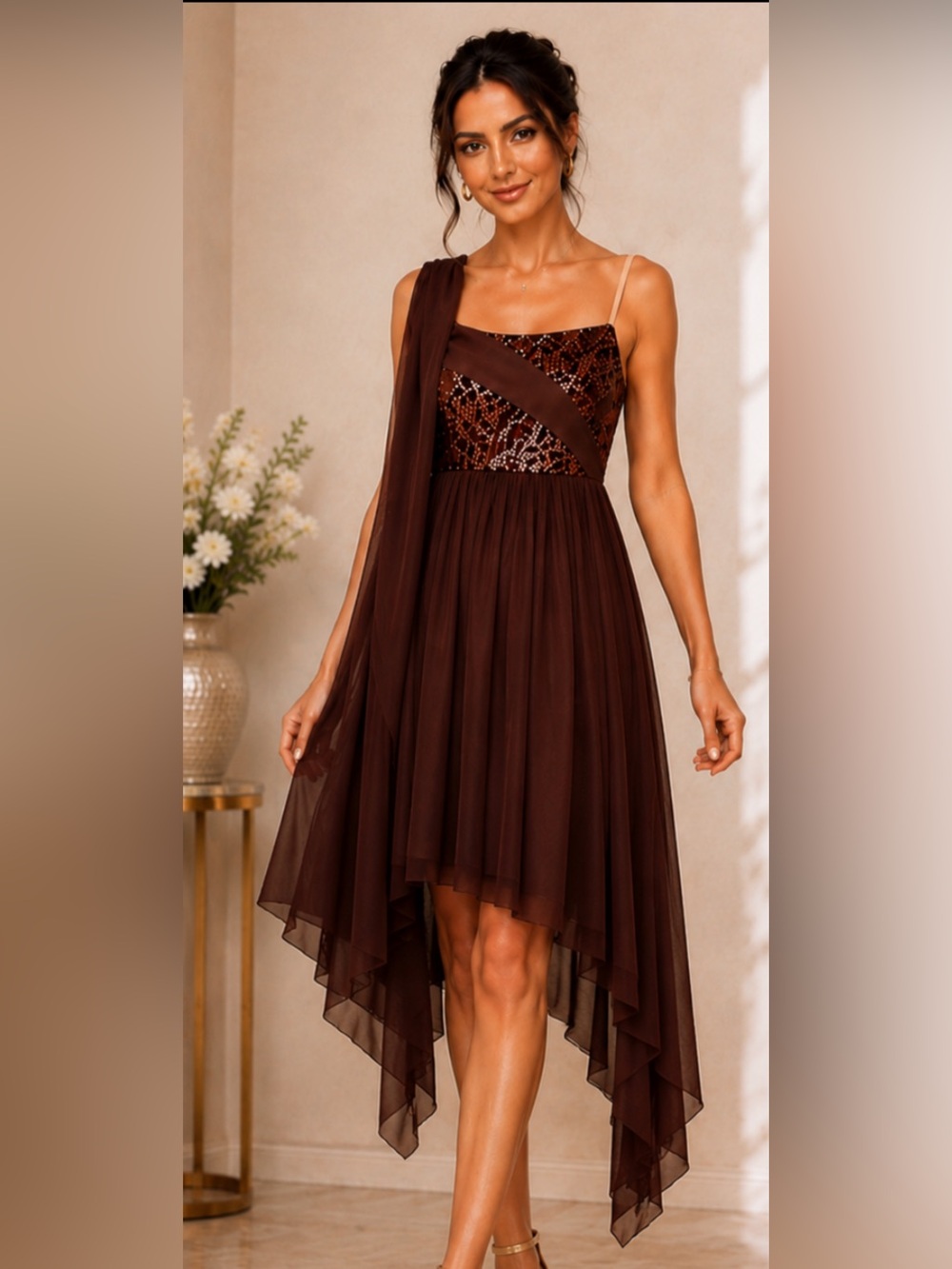 Sz S Cicci Brown Sequin High-Low Cocktail Dress